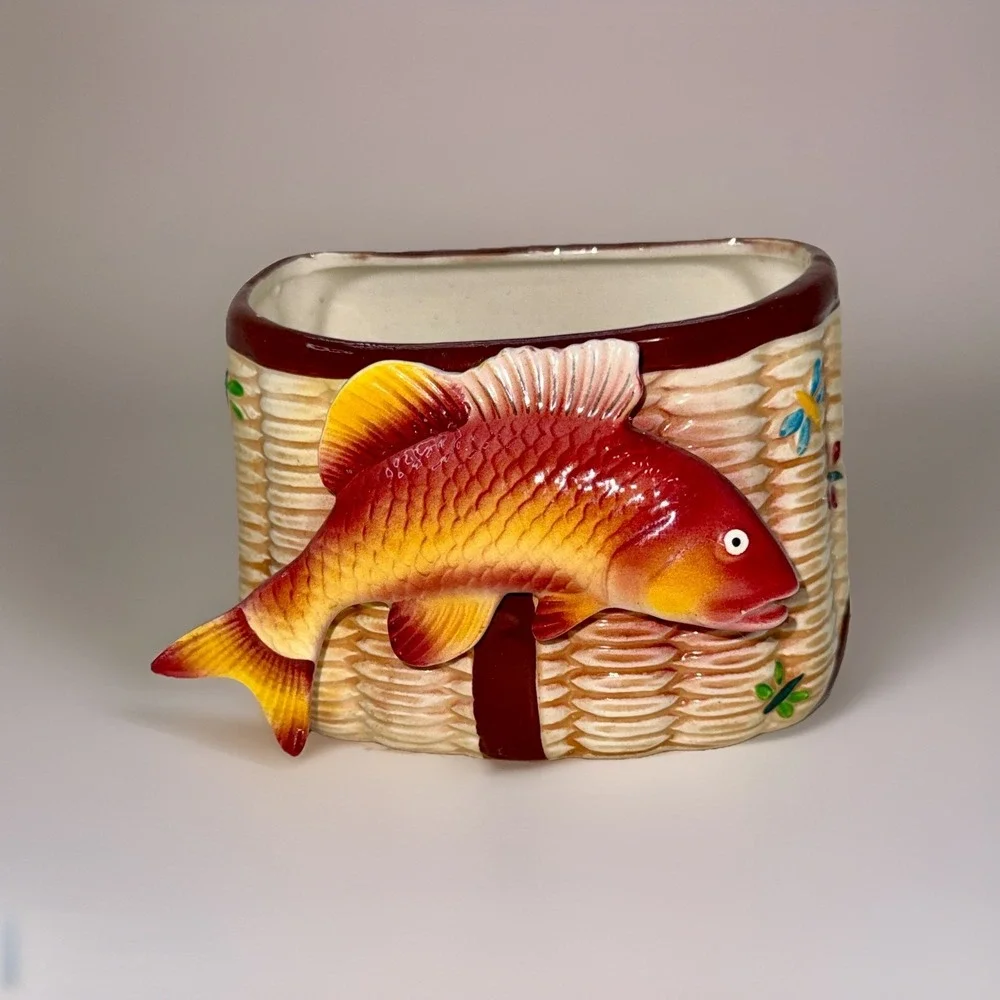 Rare Vintage Japan Ceramic Koi Fish Creel Planter Pacific Hand Painted - 1950s